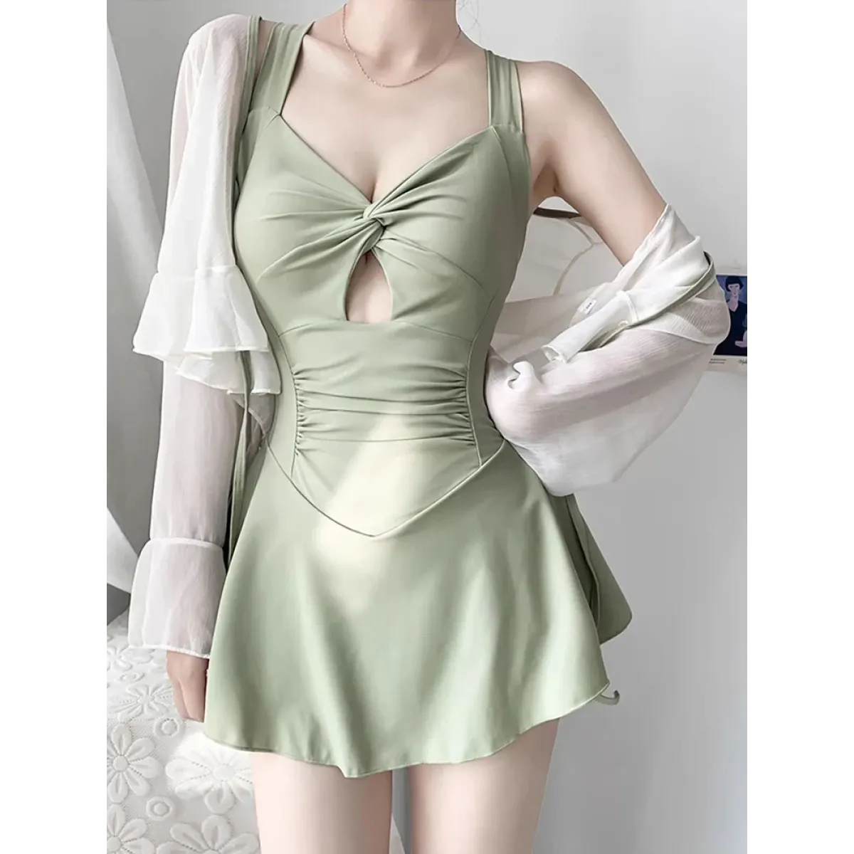 Pleated Cutout Swimsuit Dress – Korean Sexy Summer 2025 Swimwear