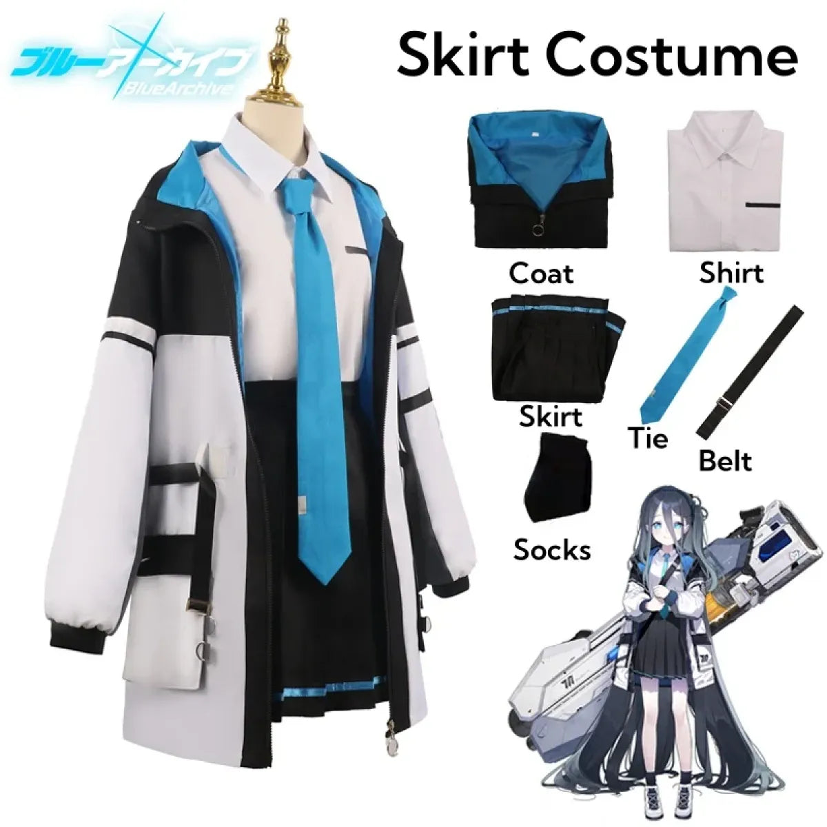 Blue Archive Tendou Arisu Cosplay Costume – Uniform, Wig & Coat Set