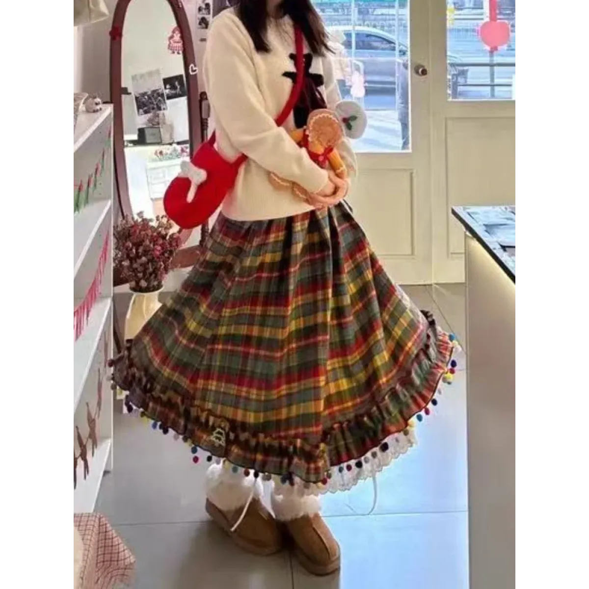 Plaid A-Line Skirt – Vintage Mori Girl Lace Trim Midi