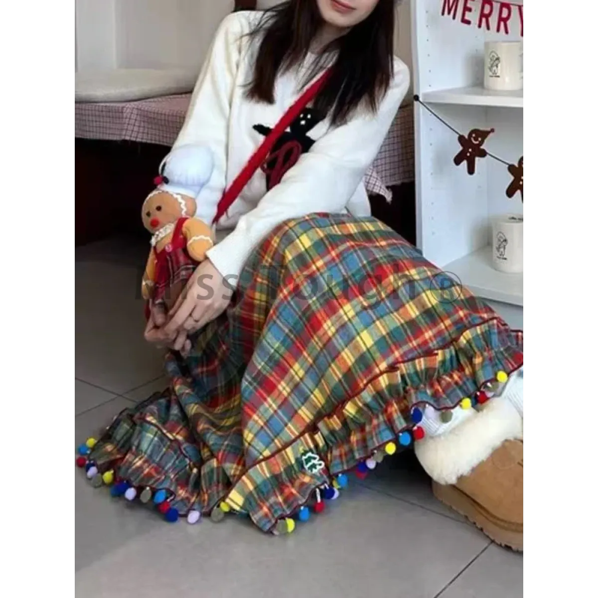 Plaid A-Line Skirt – Vintage Mori Girl Lace Trim Midi
