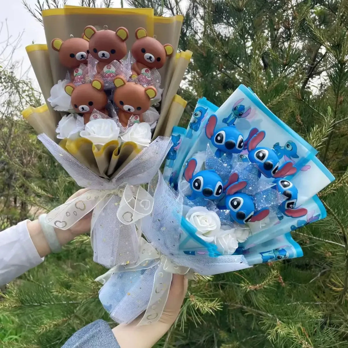 Kawaii Cartoon Vinyl Doll Bouquet – Stitch, Pikachu, Rilakkuma Gift Set
