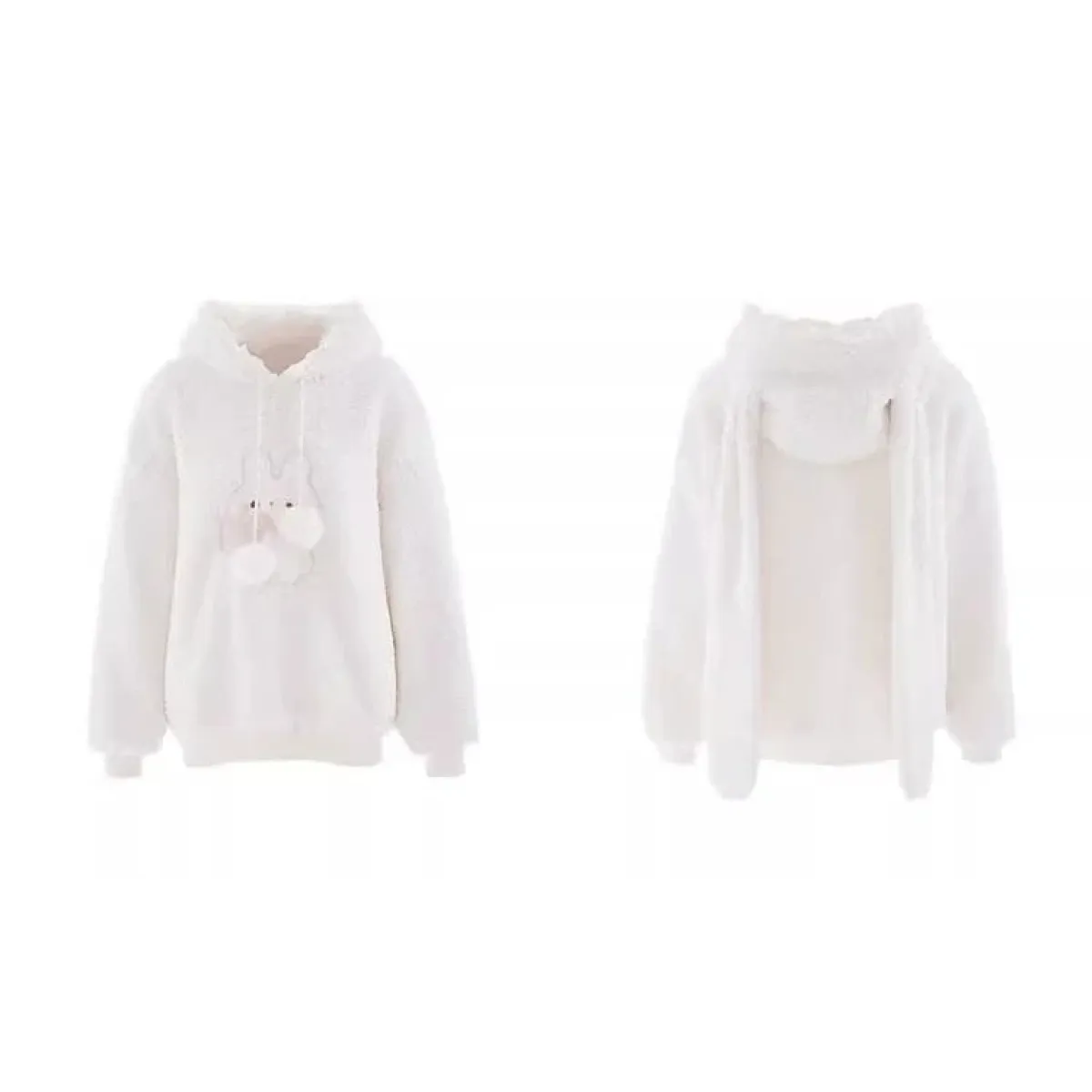 White Bunny Hoodie – Soft Lamb Wool Fleece Pullover Winter Style