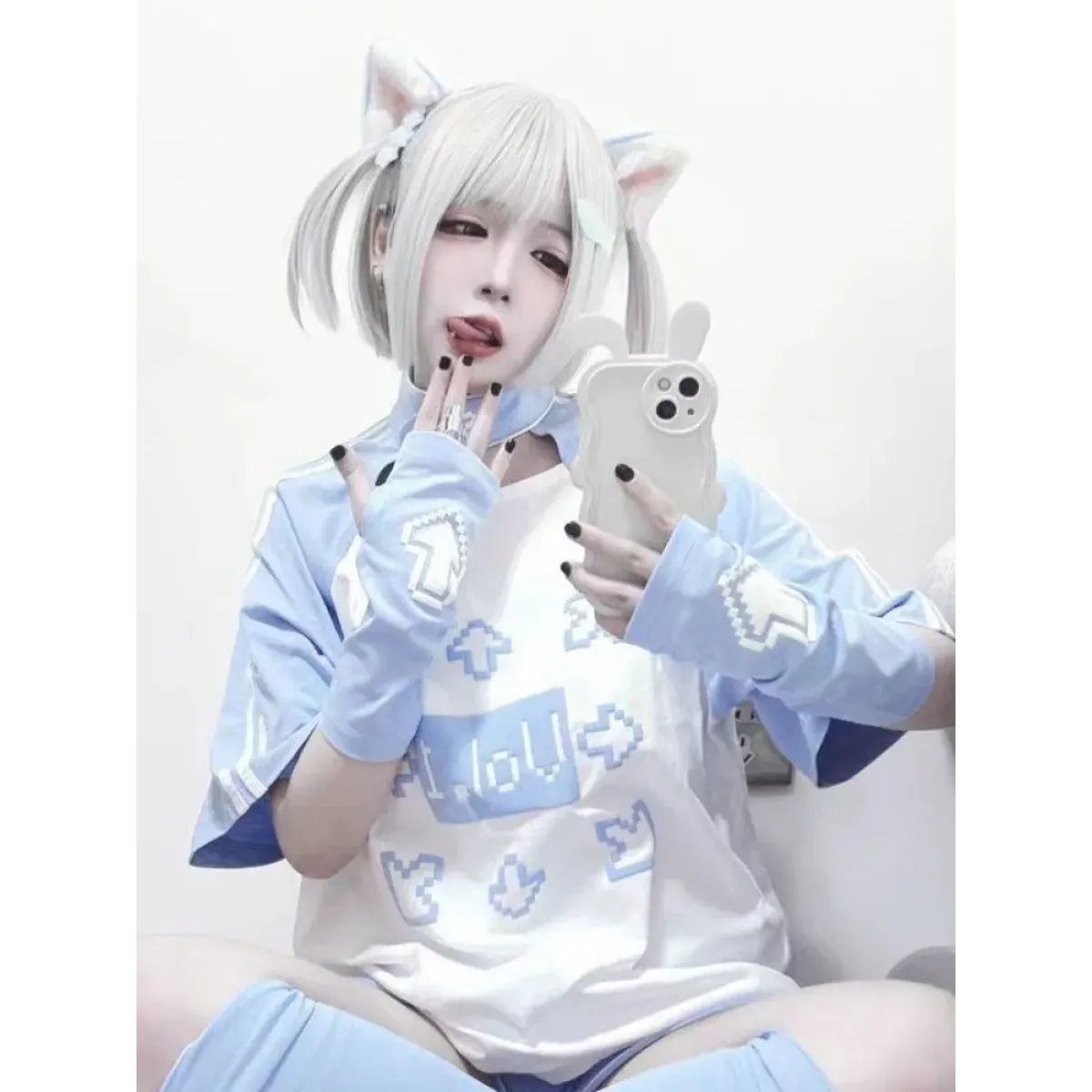 Blue & White Kawaii Harajuku Tops β Y2K Anime Print Top