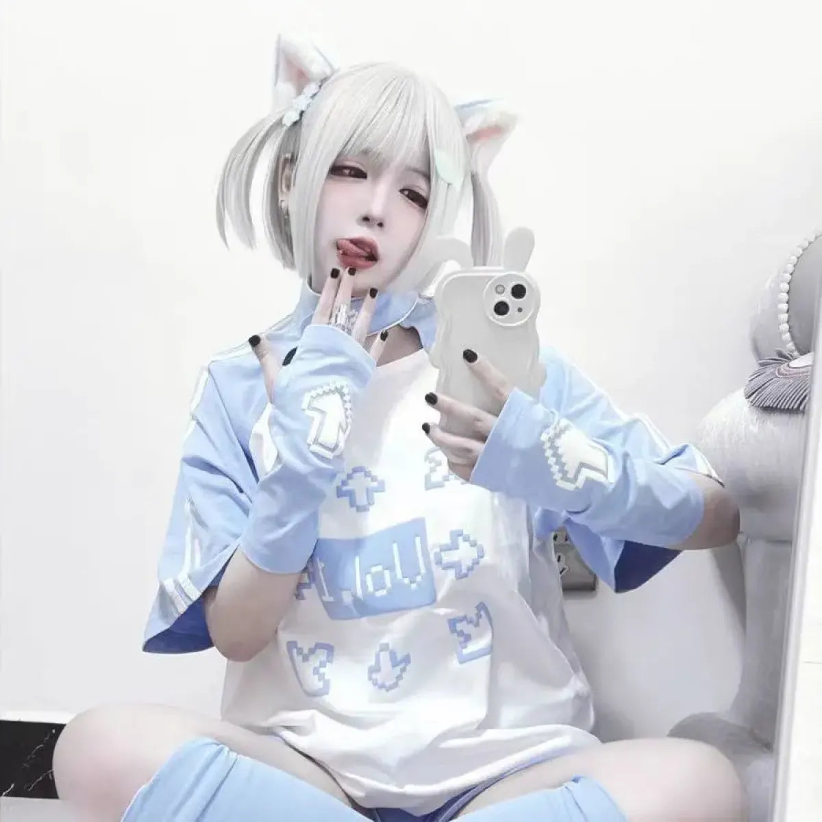 Blue & White Kawaii Harajuku Tops β Y2K Anime Print Top