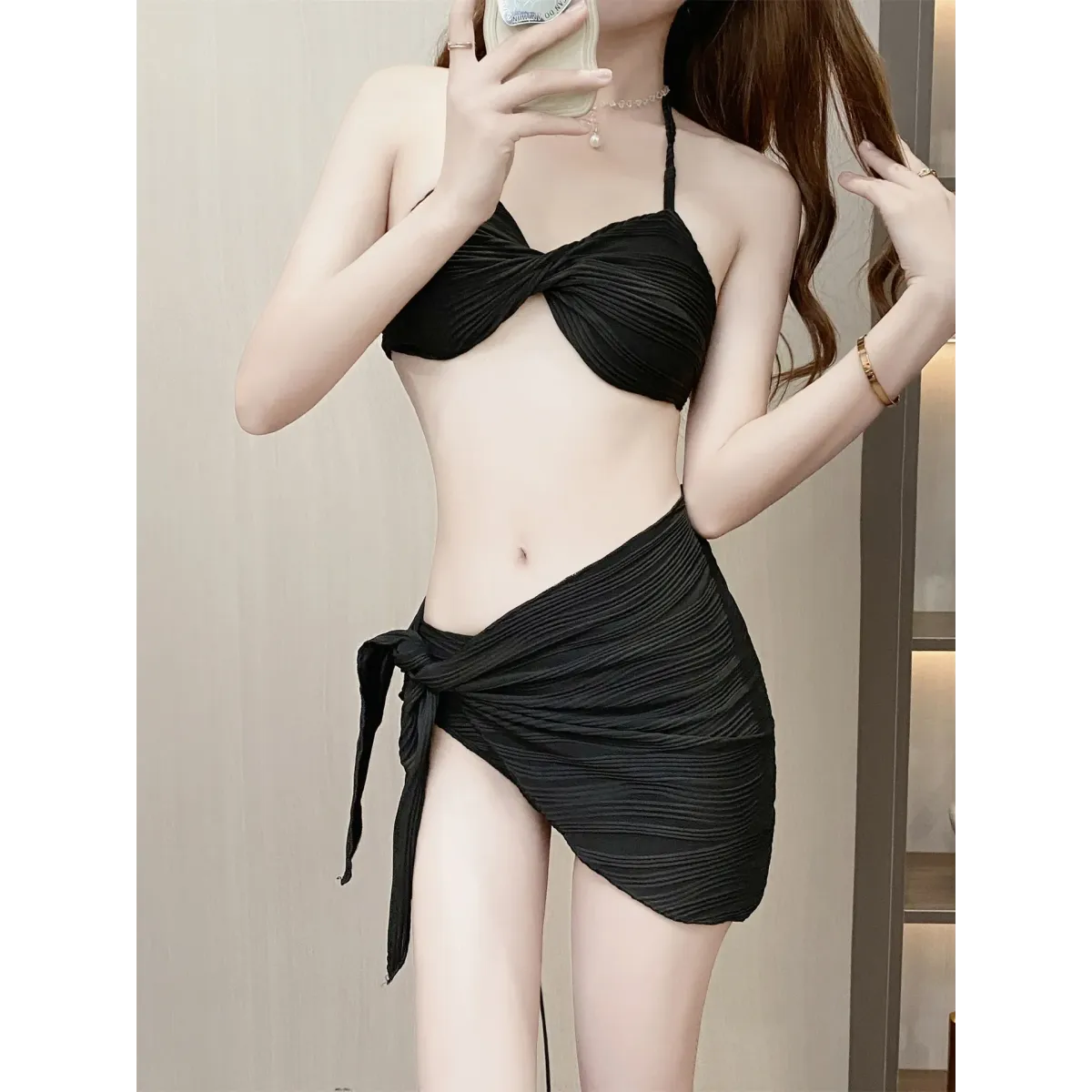 Pleated Bikini Set – Halter Top with Wrap Skirt Cover-Up