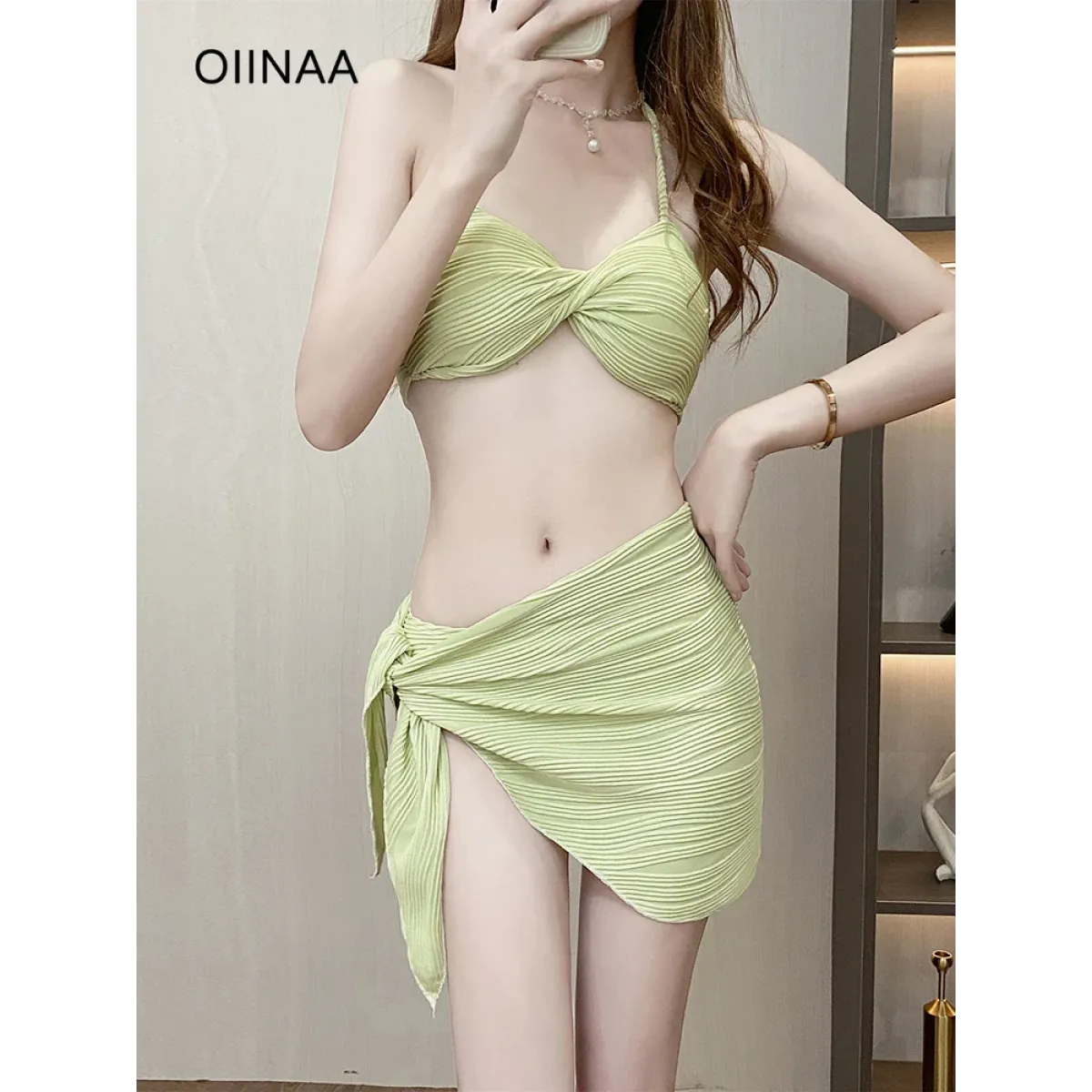 Pleated Bikini Set – Halter Top with Wrap Skirt Cover-Up