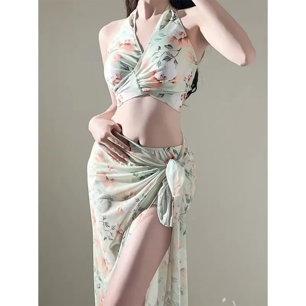 Floral Halter Bikini Set – Ruffled Mesh Wrap Skirt Swimwear