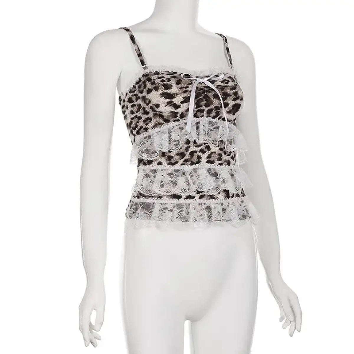 Leopard Print Lace Ruffle Tank Top – Y2K Coquette Cropped Camisole