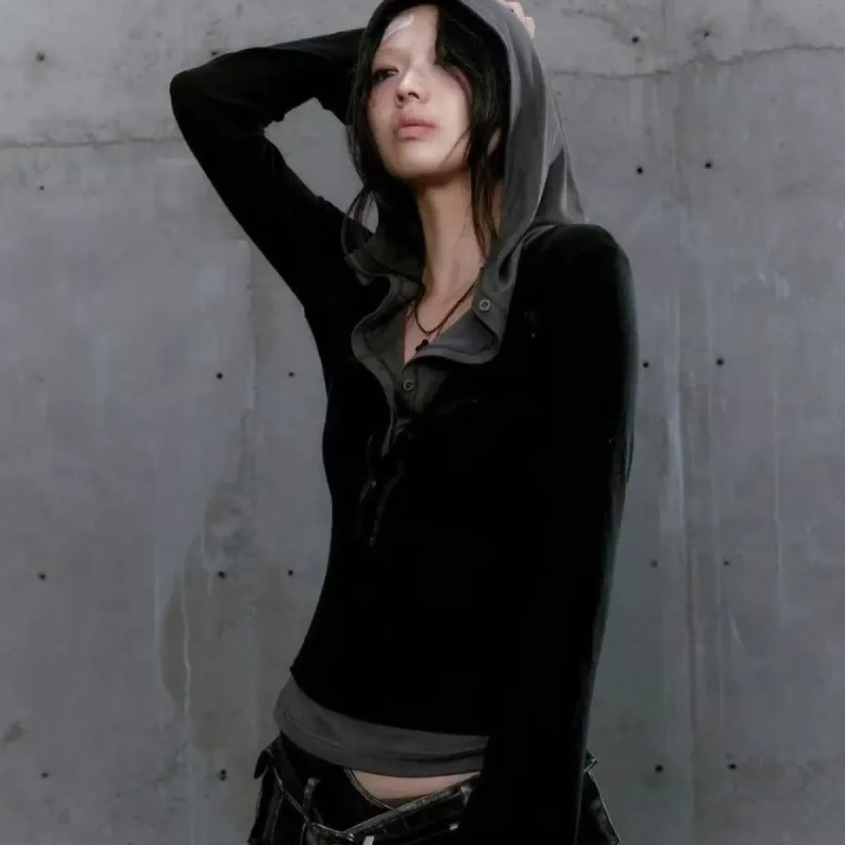 Patchwork Hooded Top – Y2K Cyber Grunge Slim Fit Knit Pullover