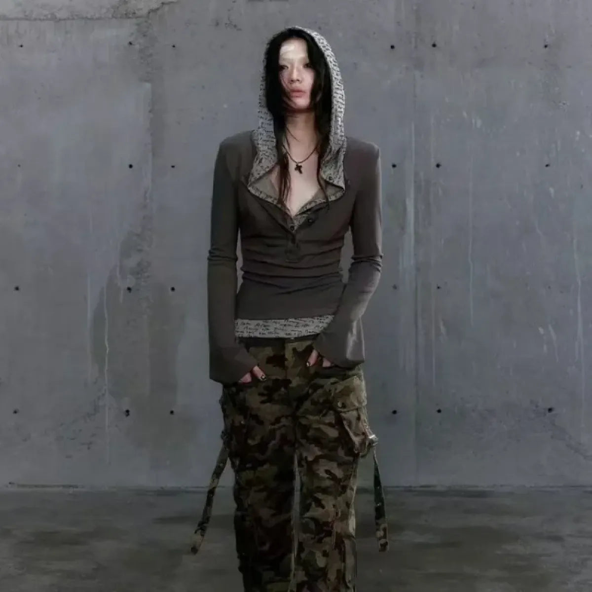 Patchwork Hooded Top – Y2K Cyber Grunge Slim Fit Knit Pullover