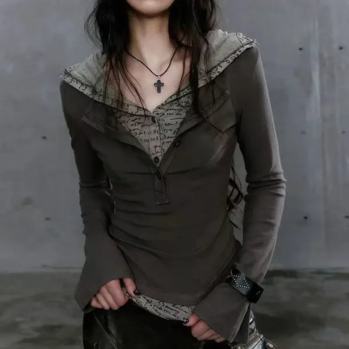 Patchwork Hooded Top – Y2K Cyber Grunge Slim Fit Knit Pullover