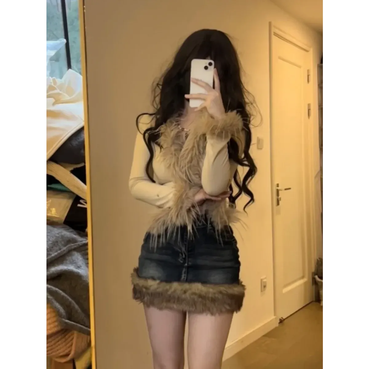Faux Fur Trim Cardigan โ Y2K Gothic Punk Knit Top