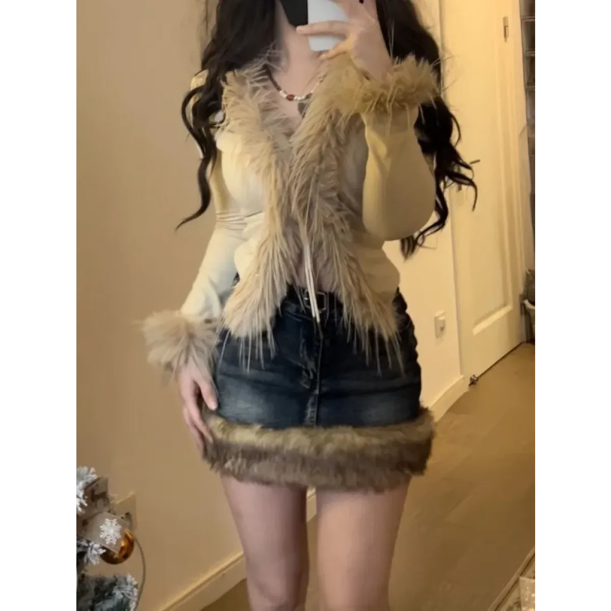Faux Fur Trim Cardigan โ Y2K Gothic Punk Knit Top