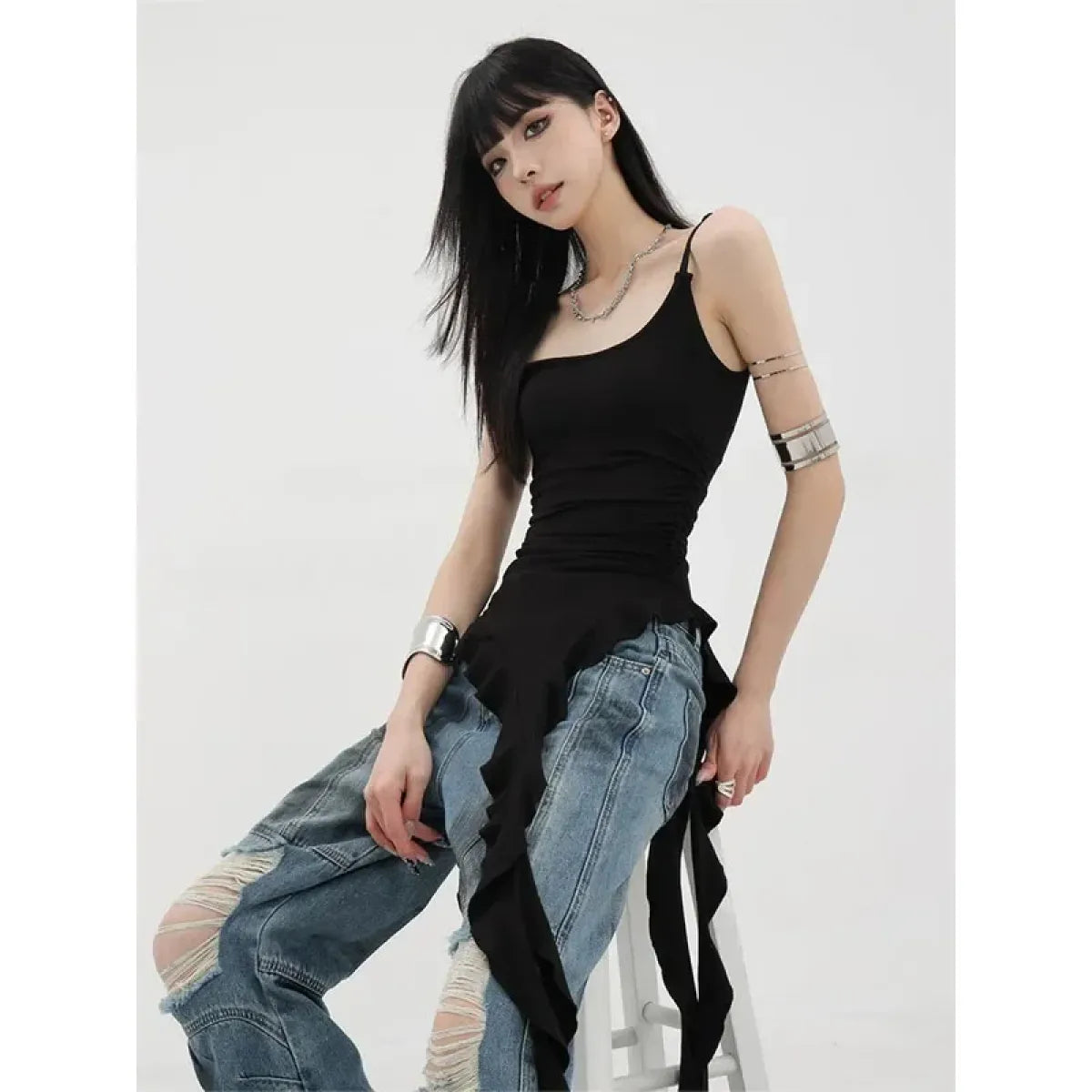 Black Asymmetrical Ruffle Tank Top – Y2K Grunge Punk Camisole
