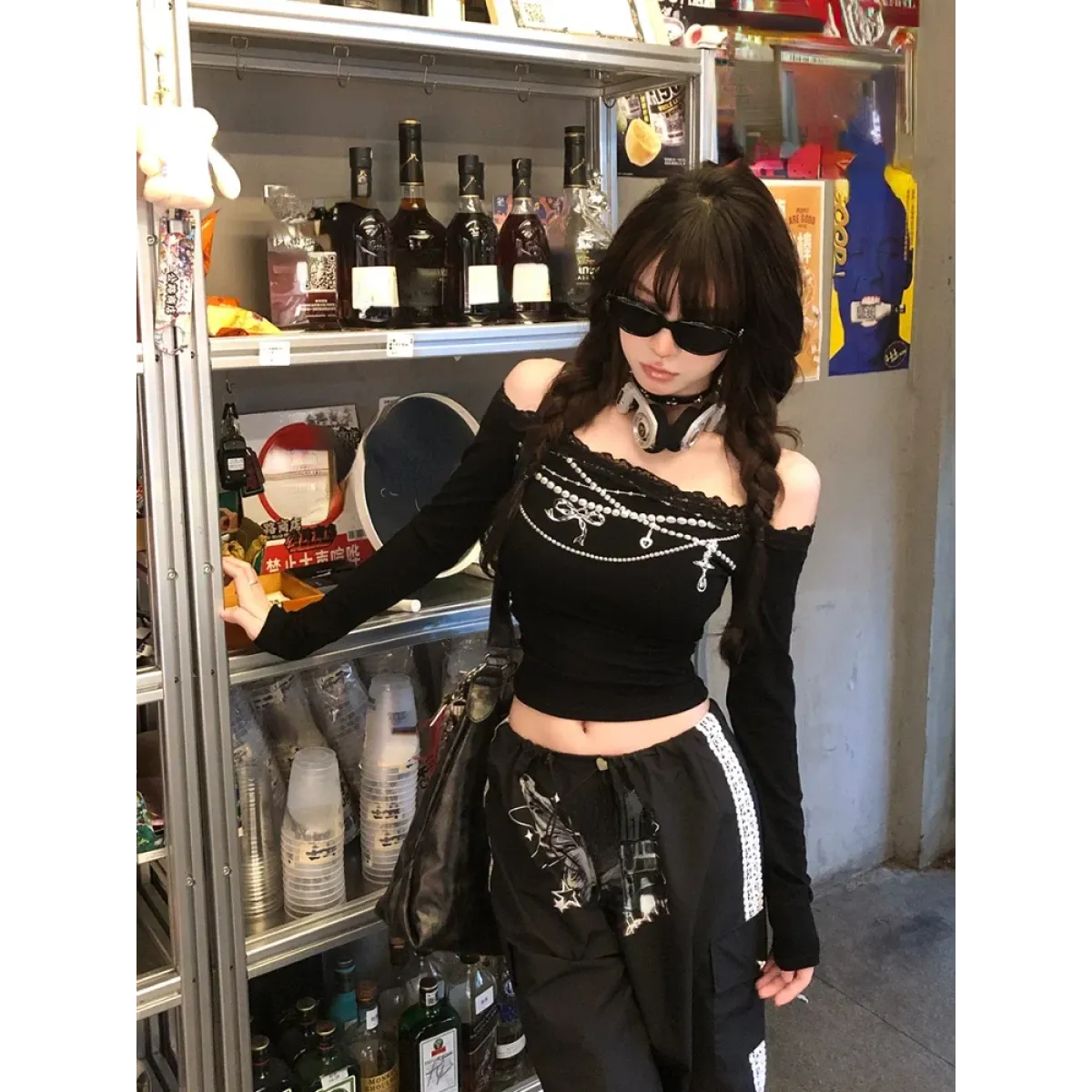 Lace Off-Shoulder Top – Y2K Harajuku E-Girl Aesthetic