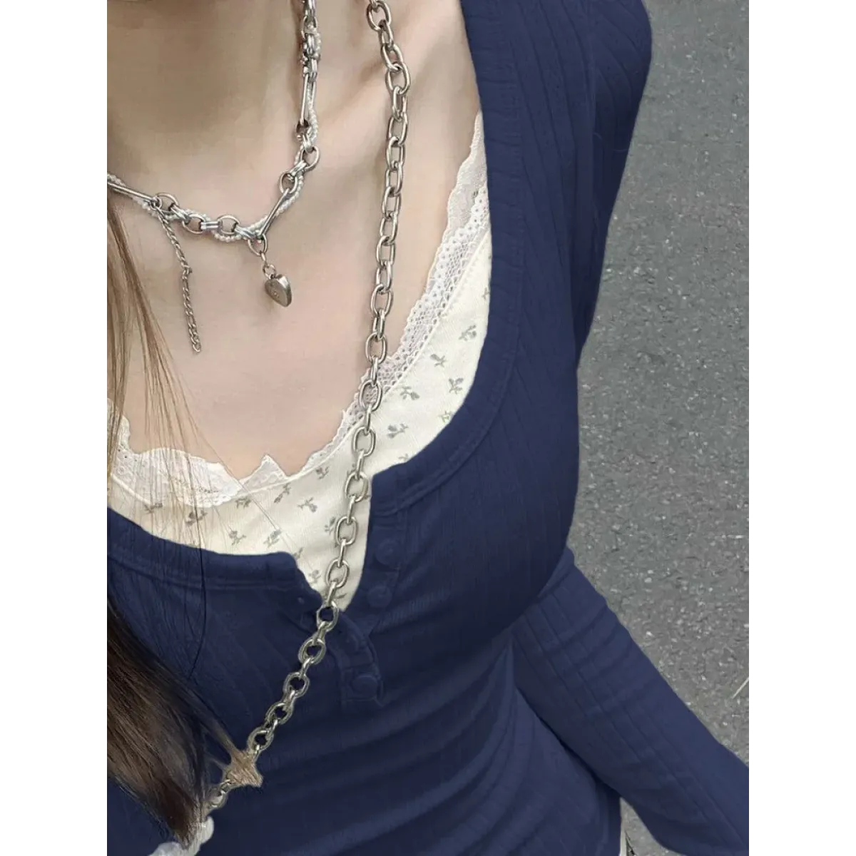 Layered Lace Trim Top – Y2K Harajuku Slim Fit Tee