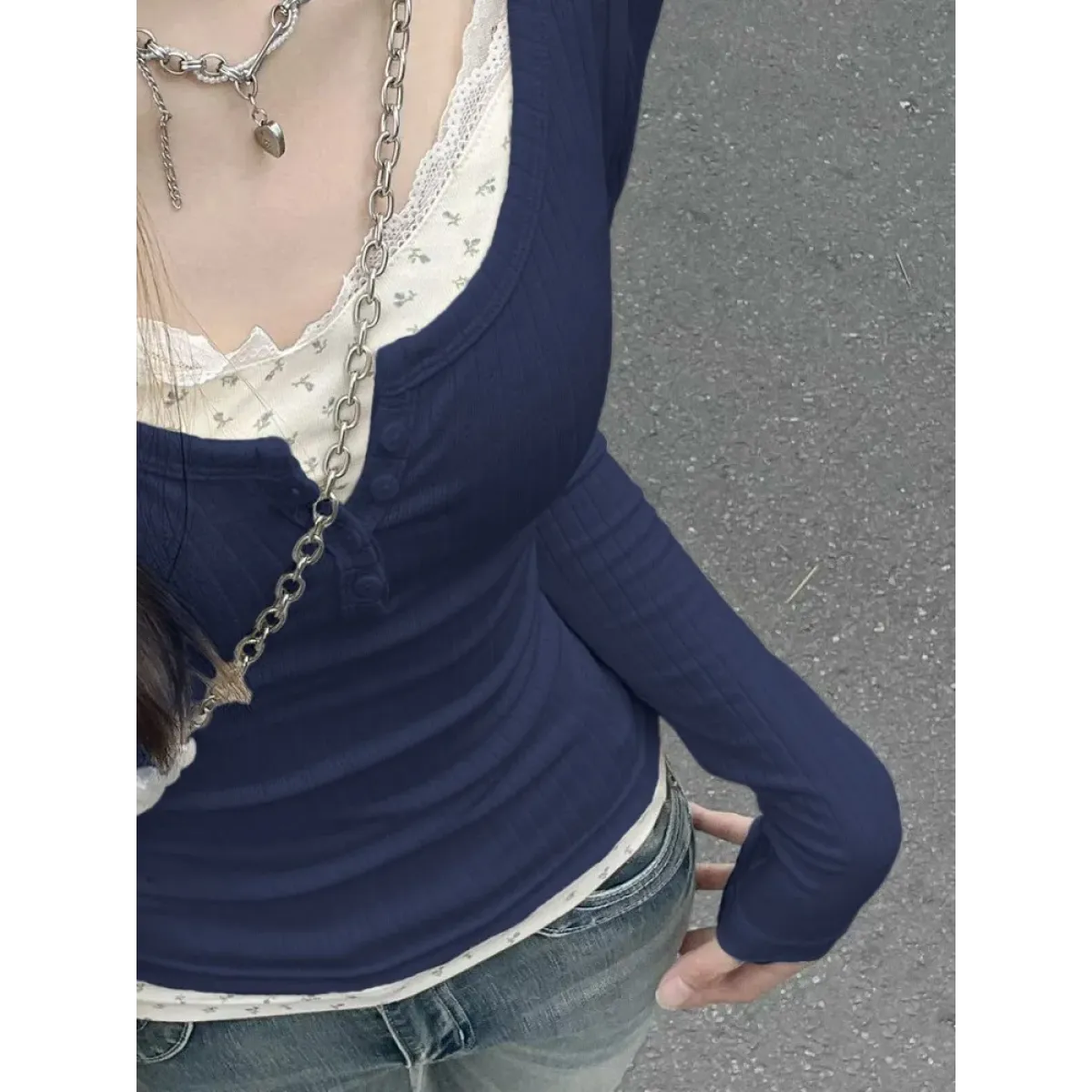 Layered Lace Trim Top – Y2K Harajuku Slim Fit Tee