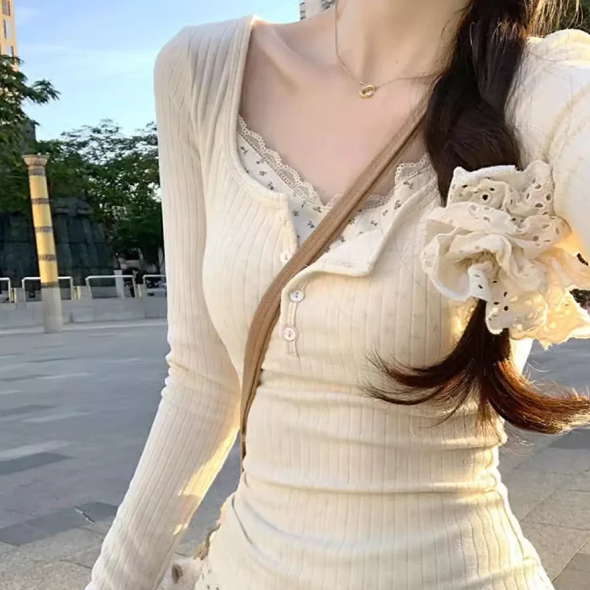 Layered Lace Trim Top – Y2K Harajuku Slim Fit Tee