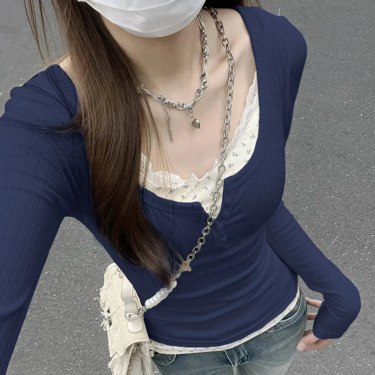 Layered Lace Trim Top – Y2K Harajuku Slim Fit Tee