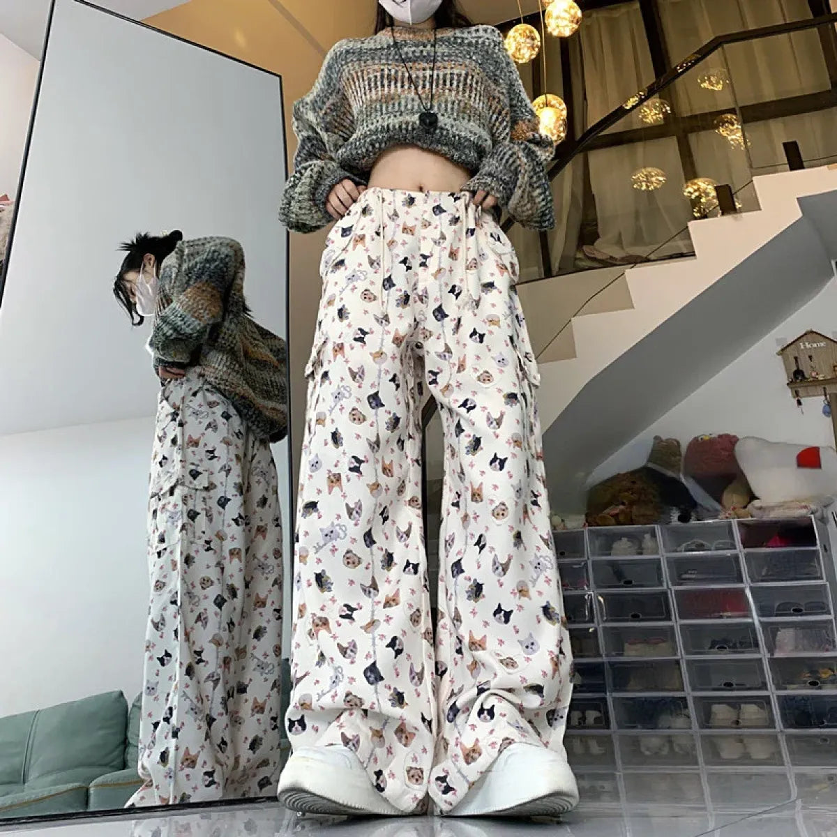 Cat Print Wide-Leg Pants – Y2K Harajuku Streetwear