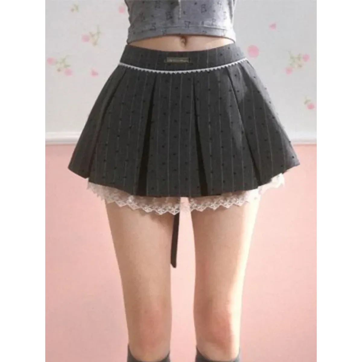 Pleated Mini Skirt – Y2K Lolita Bow Lace Patchwork