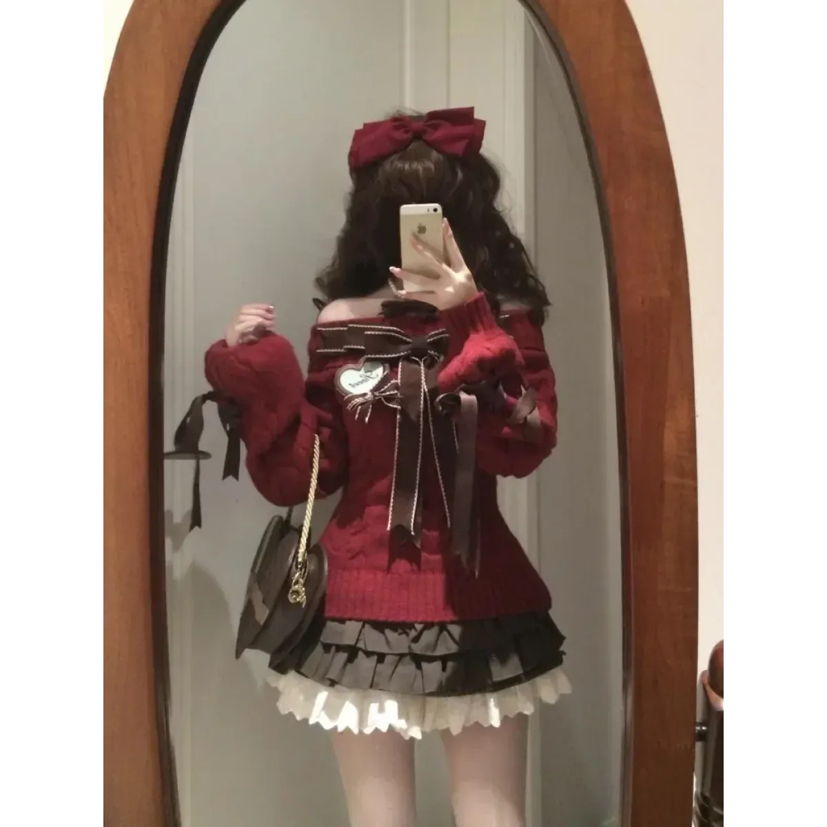 Y2K Off Shoulder Bow Sweater & Ruched Skirt Set – Autumn Knit