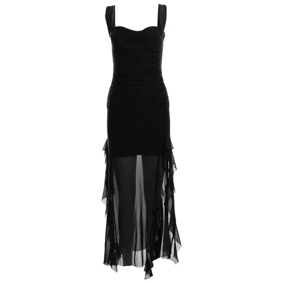 Sheer Mesh Ruffle Dress – Y2K Slim Fit High Slit Aesthetic