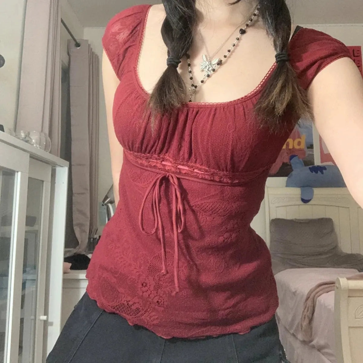 Red Square Collar Crop Top - Y2K Vintage Fairy Grunge Tee