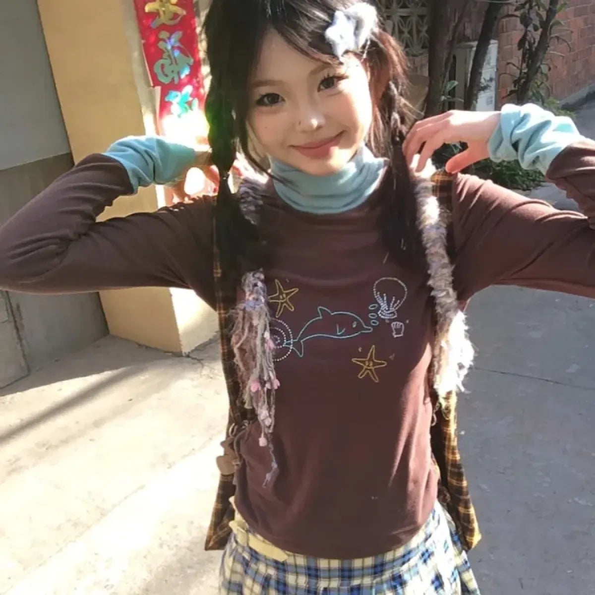 Ocean Print Layered Tee – Y2K Vintage Slim Fit Long Sleeve Top