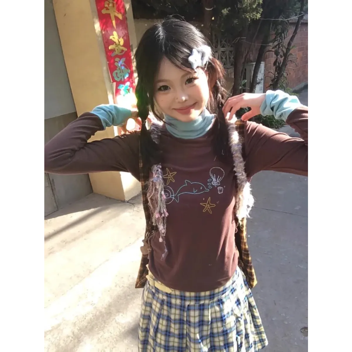 Ocean Print Layered Tee – Y2K Vintage Slim Fit Long Sleeve Top