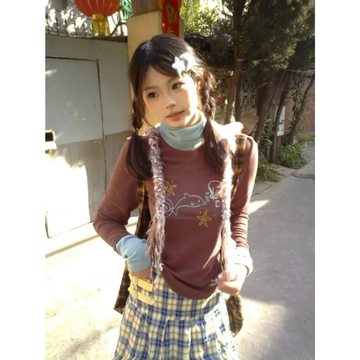 Ocean Print Layered Tee – Y2K Vintage Slim Fit Long Sleeve Top