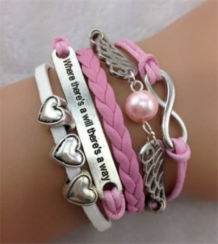 Pink Infinity Heart Wing Pearl Leather Charm Bracelet