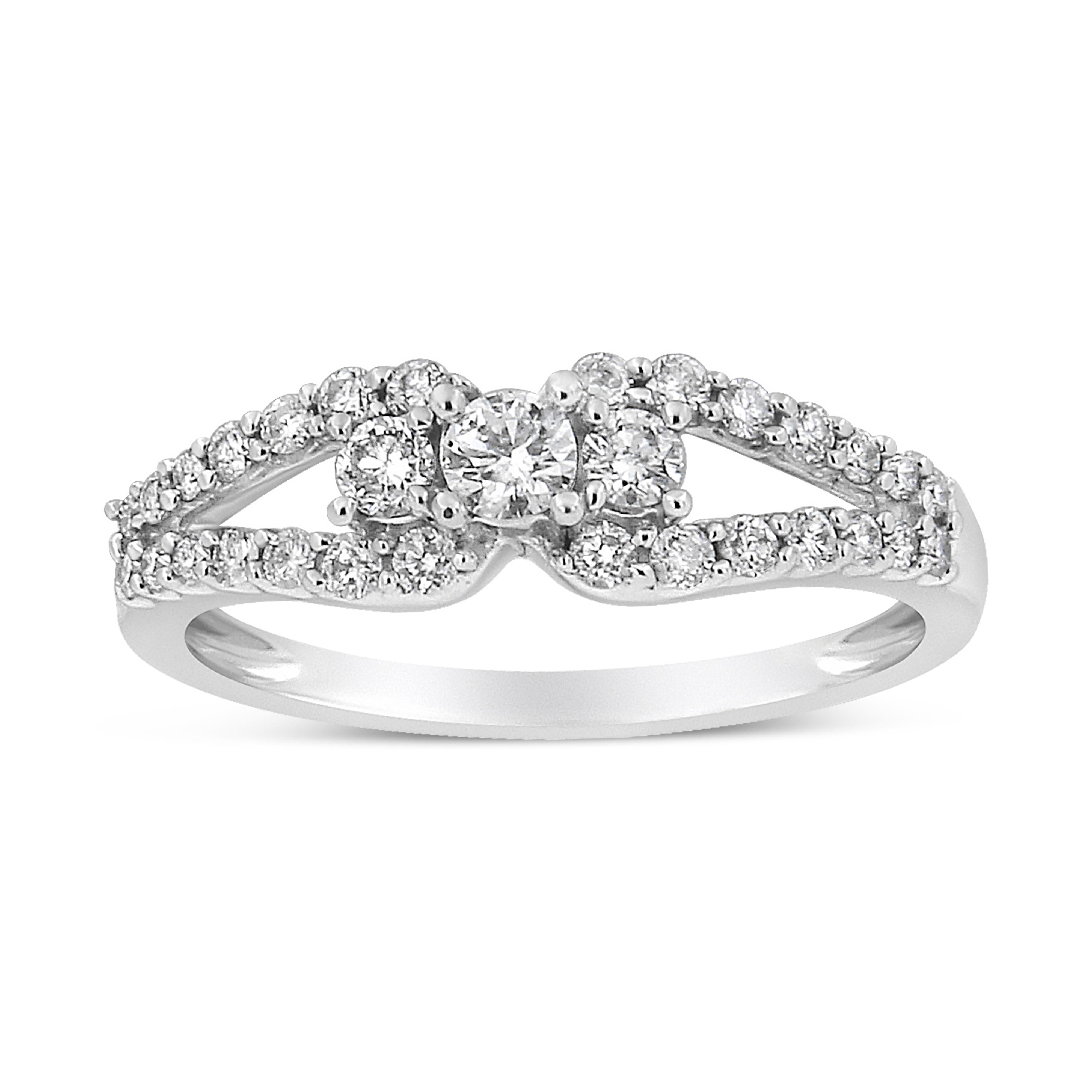10K White Gold 1/2 Cttw Round Cut Diamond Three Stone Split Shank Band Ring (H-I Color, SI1-SI2 Clarity) - Size 6