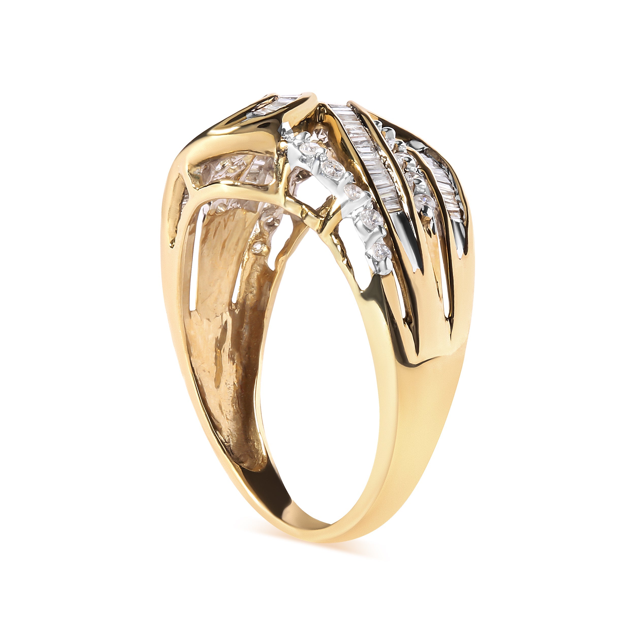 10K Yellow Gold 1/2 Cttw Round and Baguette cut Diamond Open Space Bypass Ring (H-I Color, SI2-I1 Clarity) - Ring Size 7