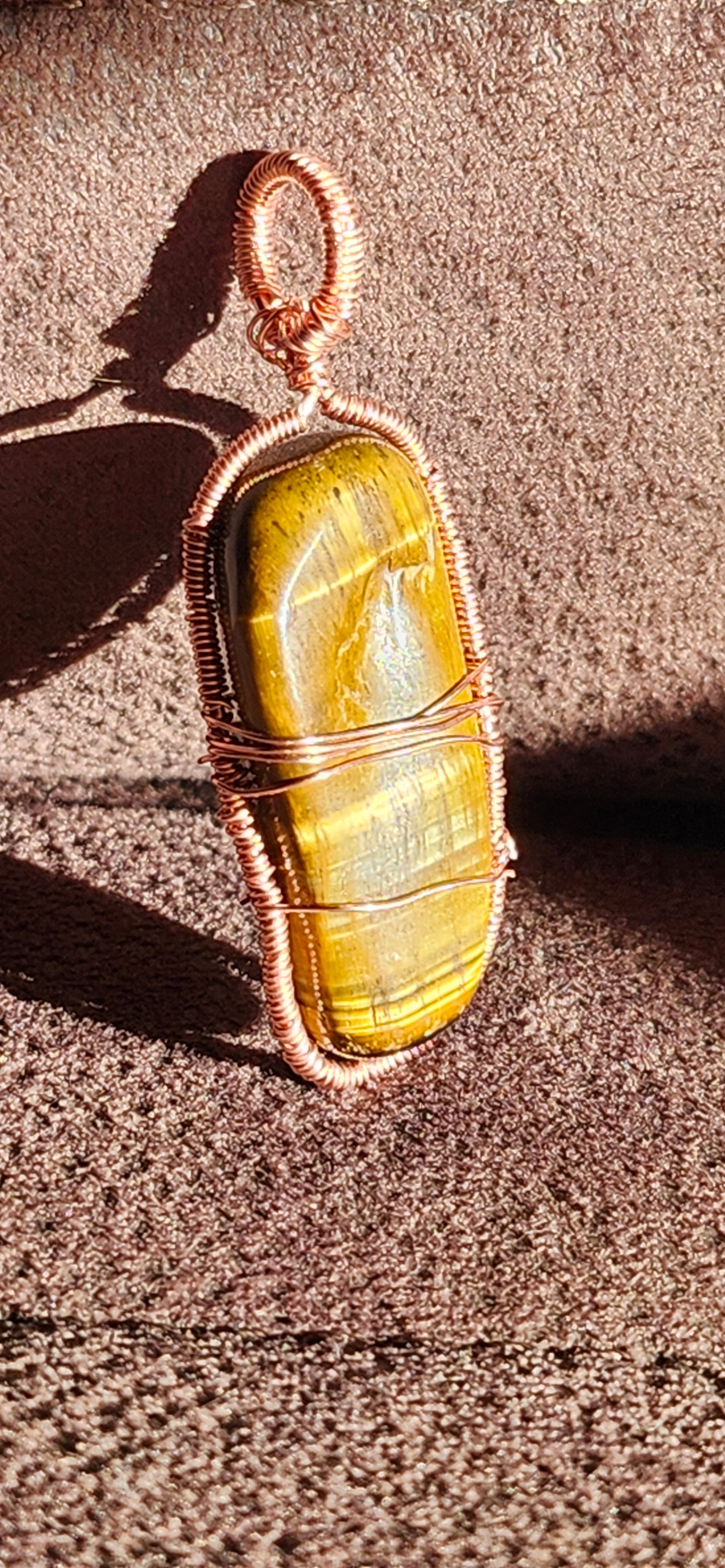 Handmade Copper Wire Wrapped Tigers Eye Pendant Necklace