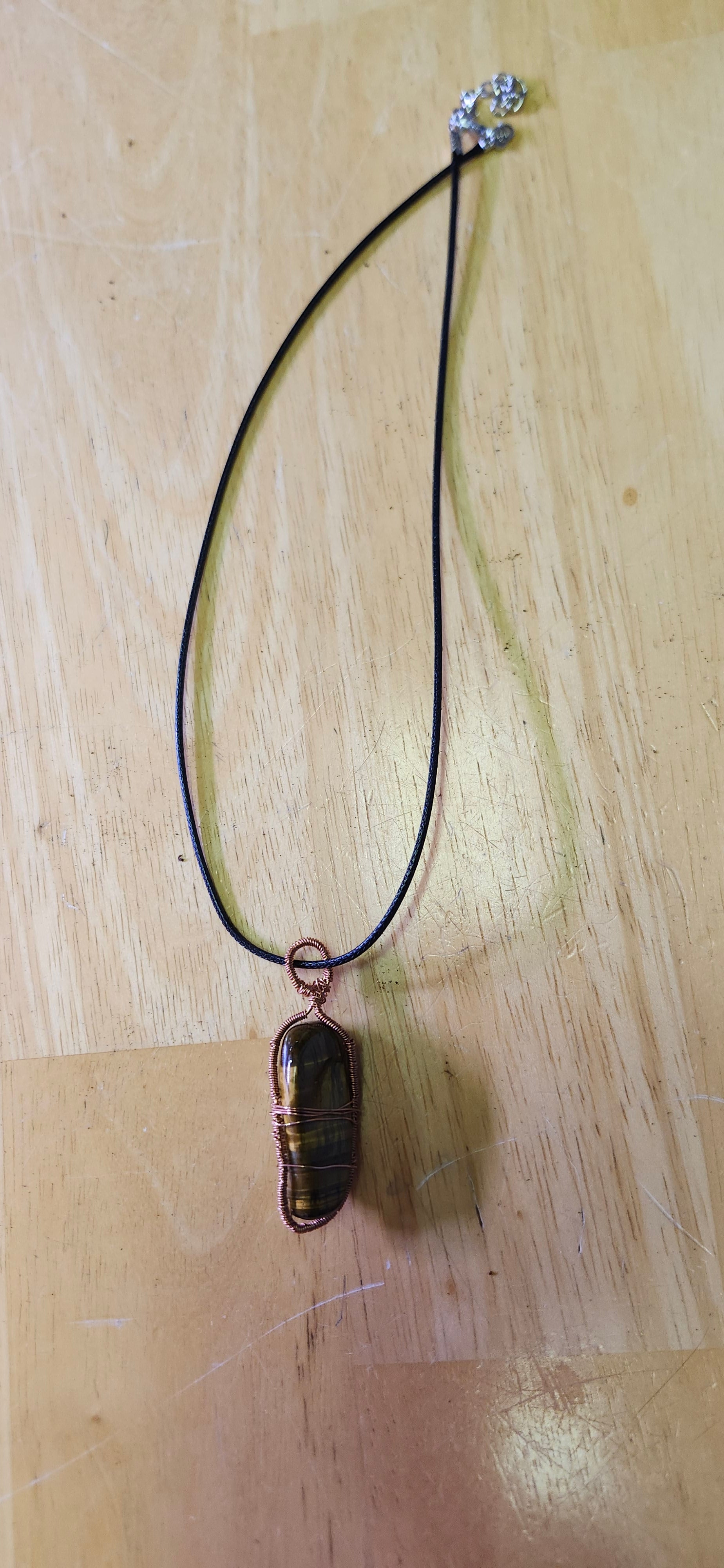 Handmade Copper Wire Wrapped Tigers Eye Pendant Necklace