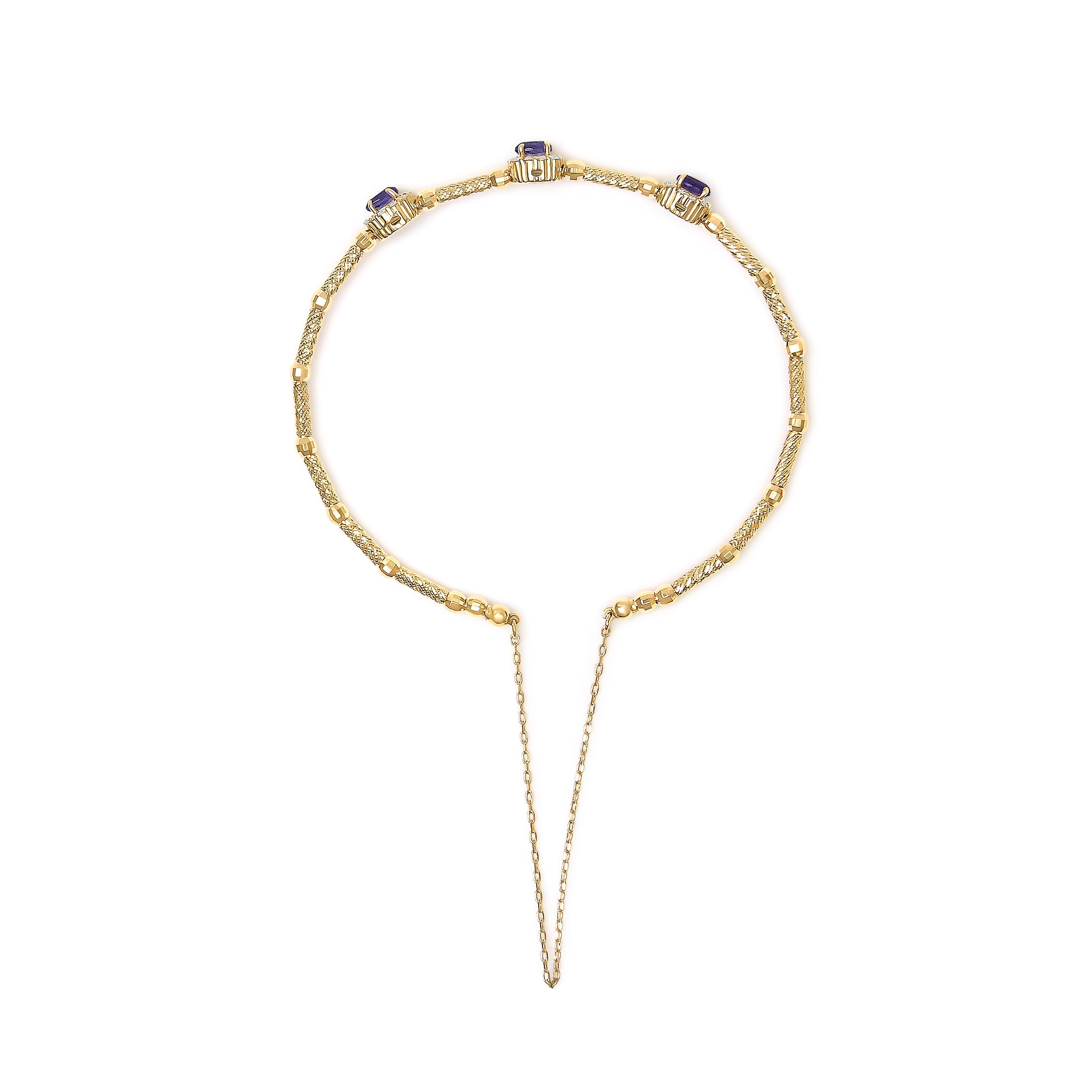 18K Yellow Gold Purple Amethyst and 1/3 Cttw Diamond Halo Station Bracelet