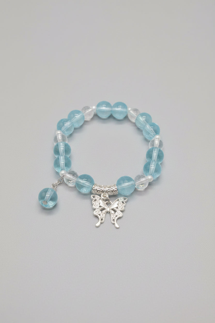 Boho Blue and Clear Beaded Bracelet with Butterfly Charm