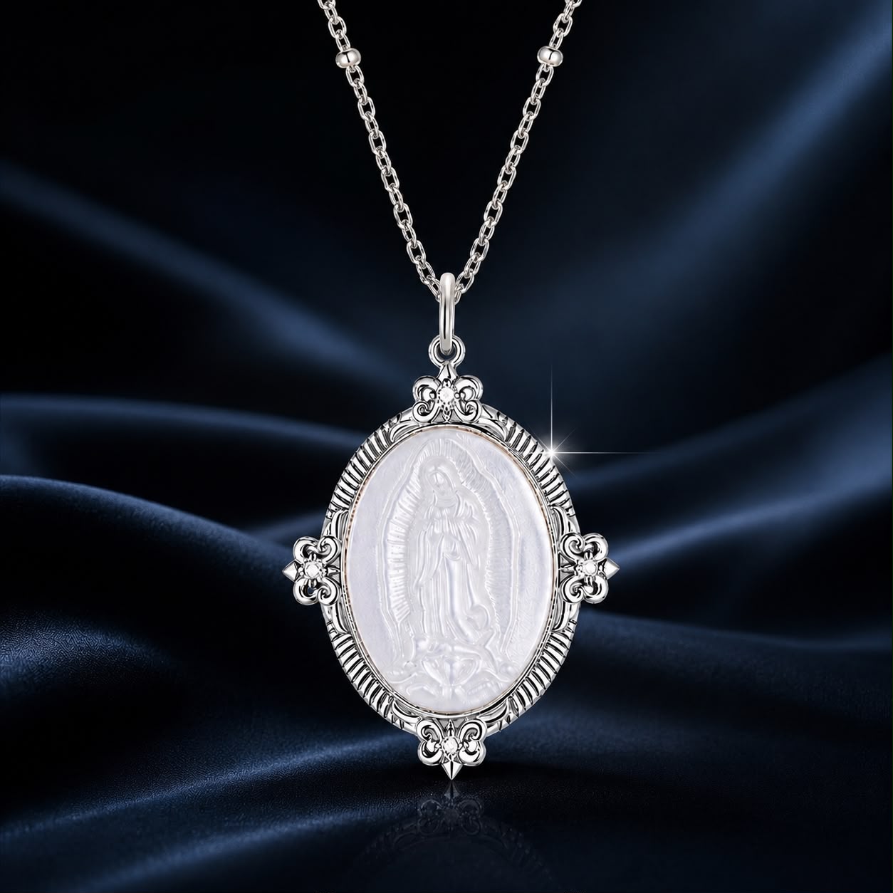 925 Sterling Silver Necklace with White Gold Plating, 40+5cm Length, CZ & Mother of Pearl Pendant for Women