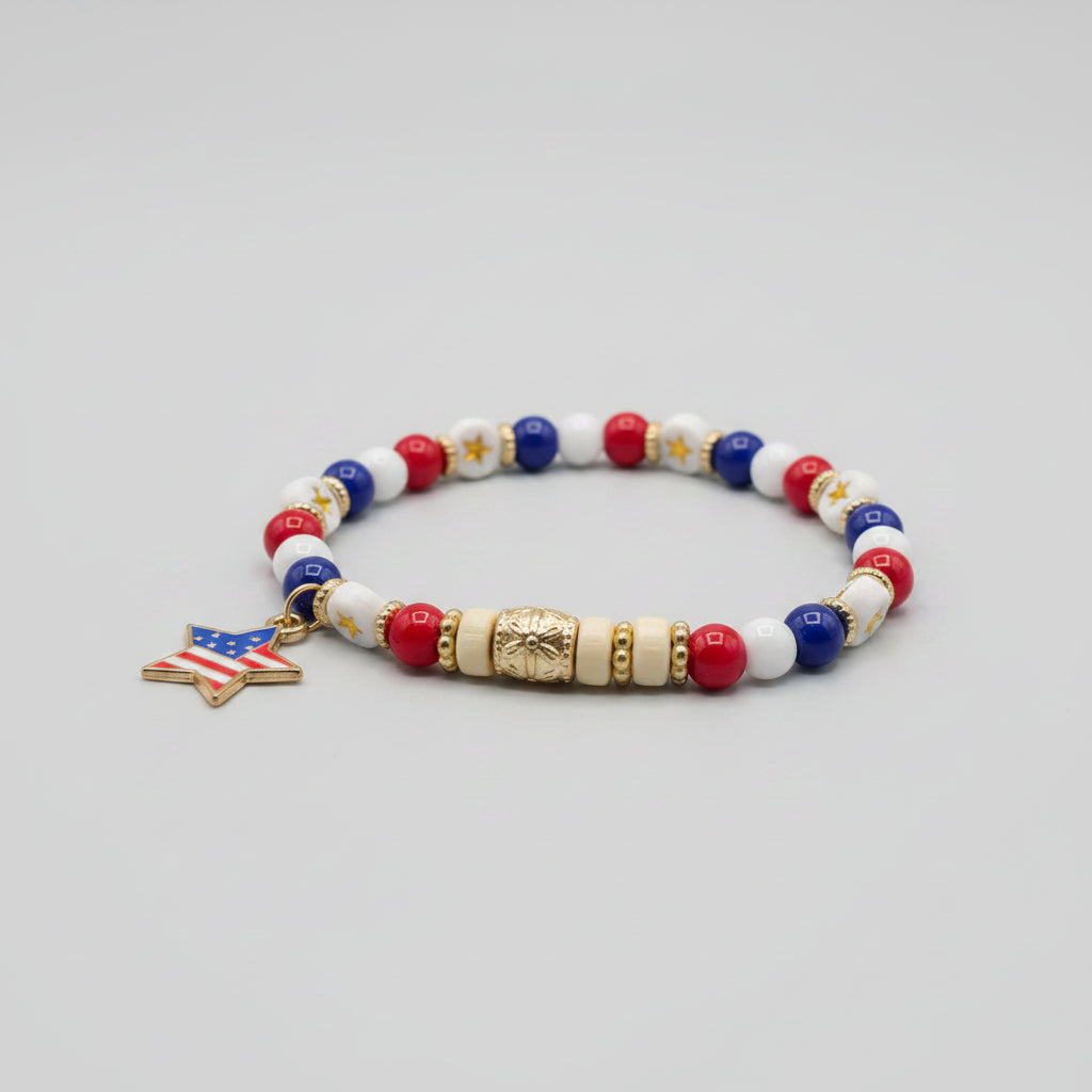 USA American Flag Star Charm Red White and Blue Elastic Bead Bracelet