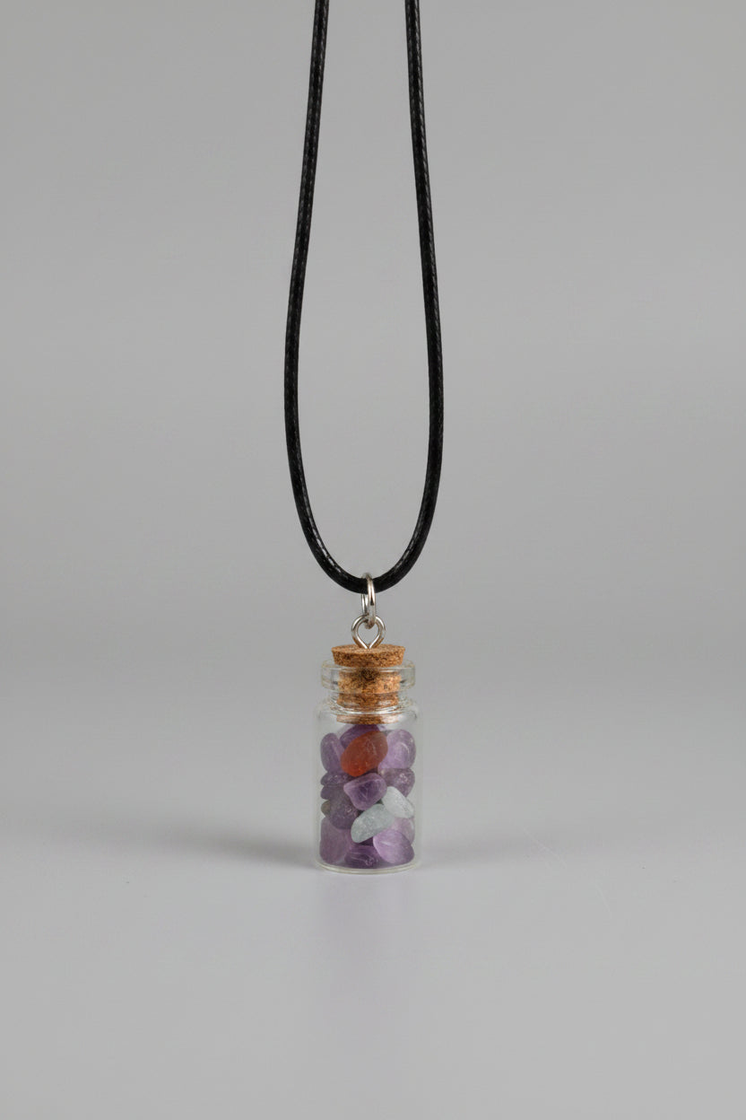 A small clear glass vial with a cork stopper and a black cord, photographed against a pale purple surface.