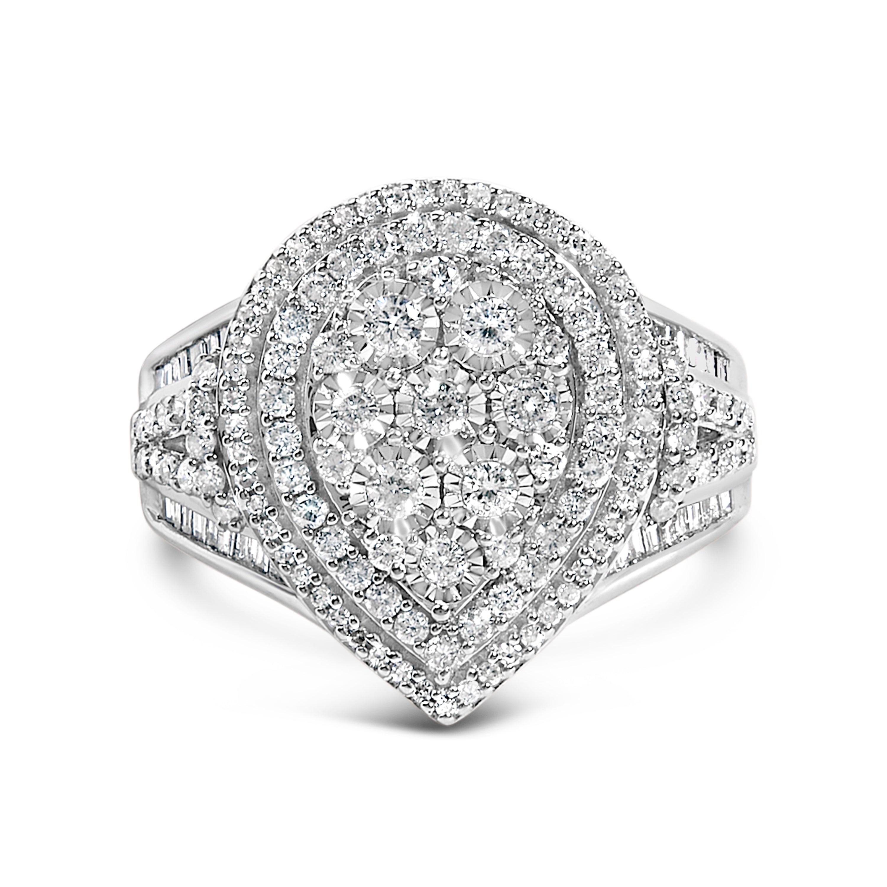 Sterling Silver 1 Cttw Diamond Pear-Shaped Triple Halo Cluster Ring