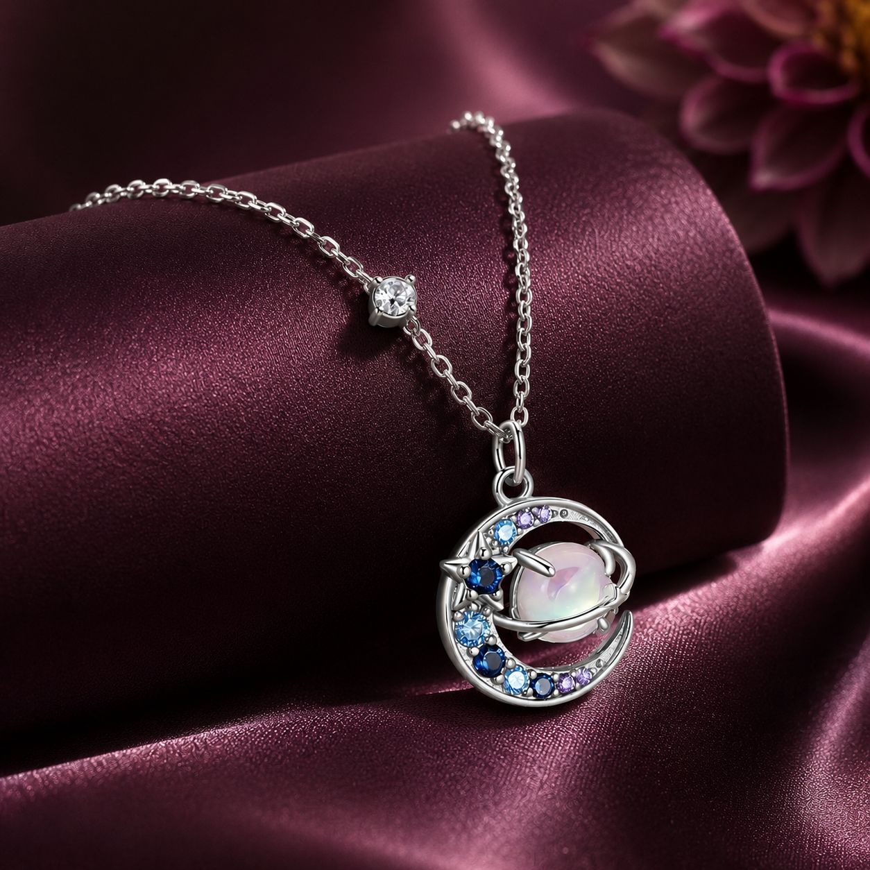 925 Sterling Silver Necklace with Pavé CZ & Transparent Glass Pendant for Women