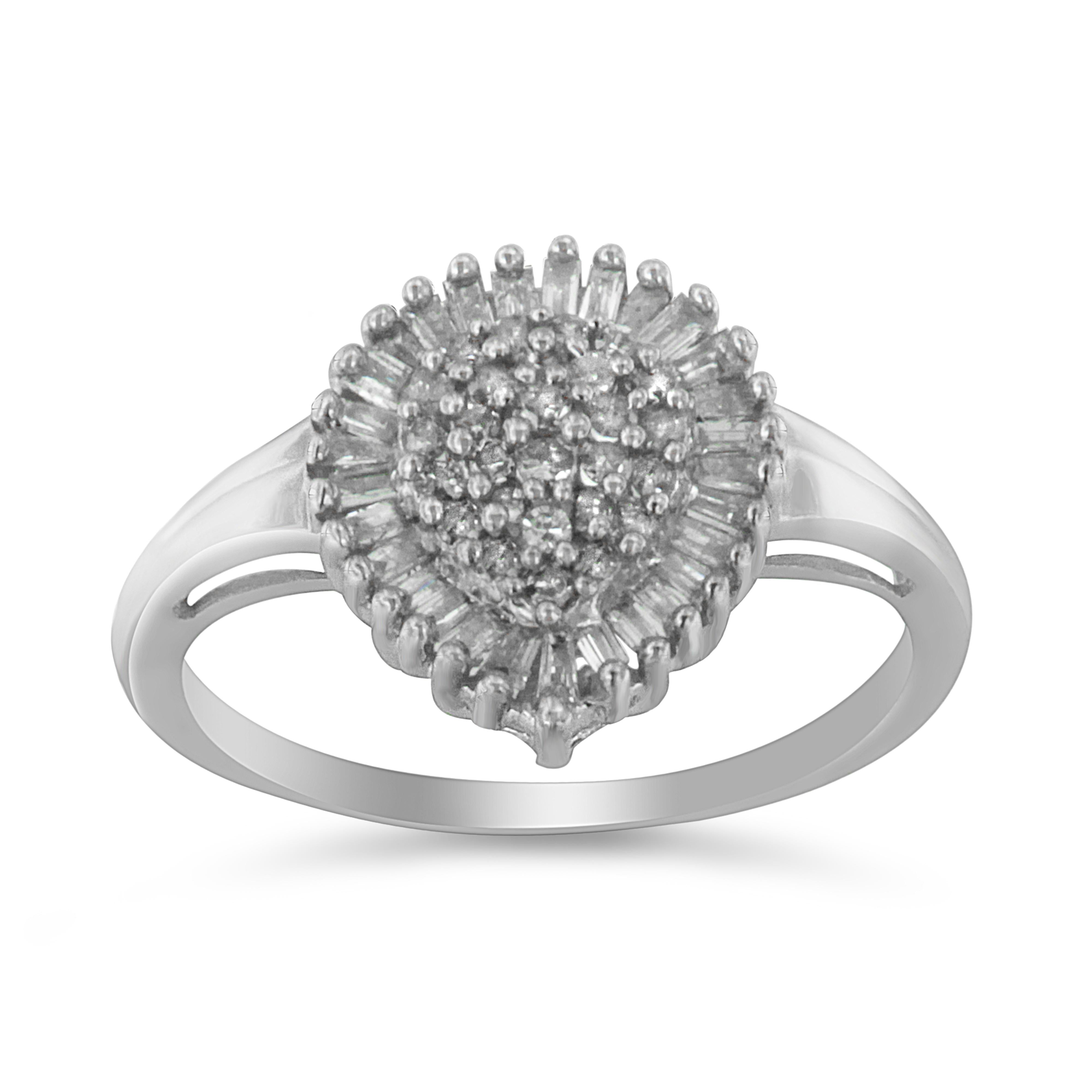 10K White Gold 1/2 Cttw Round & Baguette Cut Diamond Pear Shaped Domed PavÃ© Cluster with Halo Cocktail Ring (H-I Color, SI1-SI2 Clarity) - Size 5