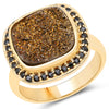14K Yellow Gold Plated 6.19 Carat Genuine Drusy Quartz and Black Spinel .925 Sterling Silver Ring