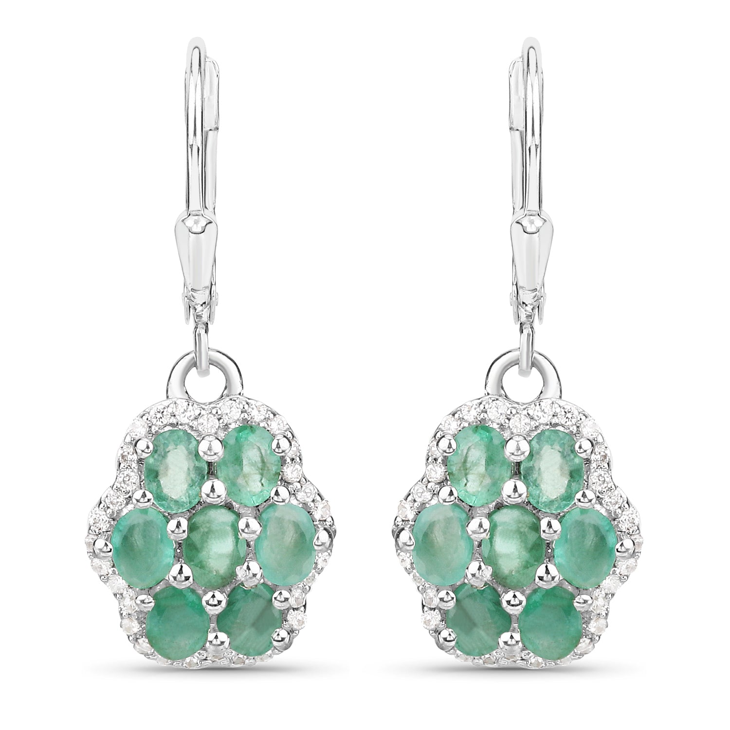 2.48 Carat Genuine Zambian Emerald and White Zircon .925 Sterling Silver Earrings