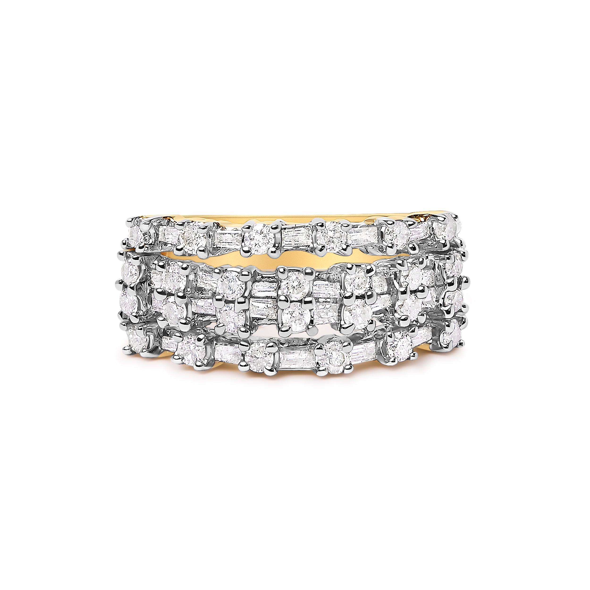 14K Yellow Gold 1.0 Cttw Round and Baguette Diamond Multi-Row Band Ring