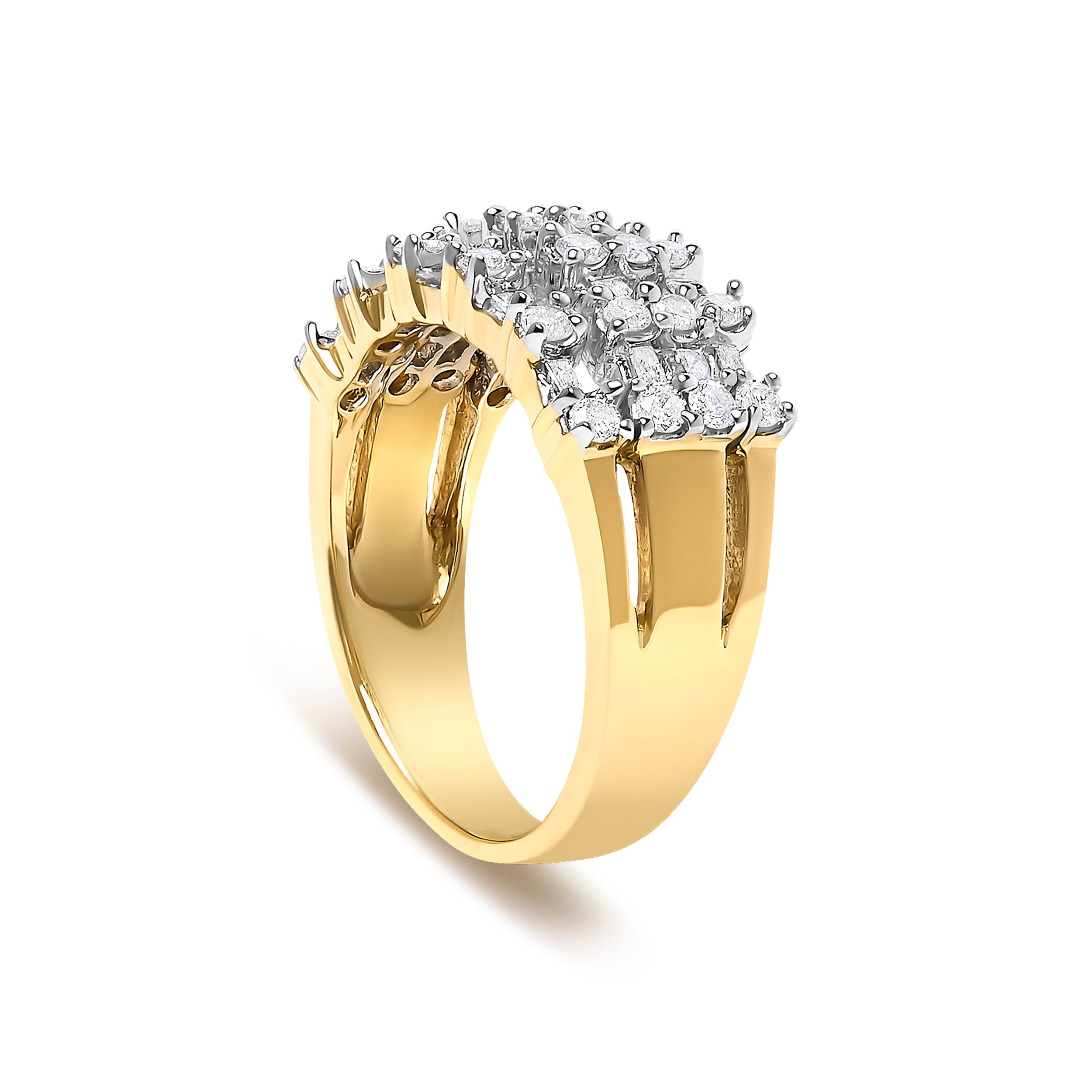 14K Yellow Gold 1.0 Cttw Round and Baguette Diamond Multi-Row Band Ring