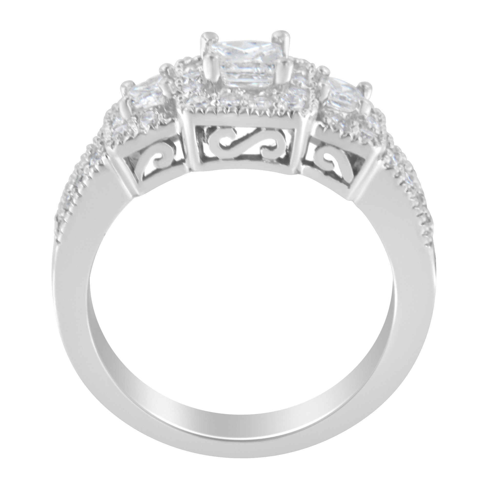 14K White Gold Round and Princess-Cut Diamond Three Stone Ring (1 Cttw, H-I Color, I1-I2 Clarity) - Size 7