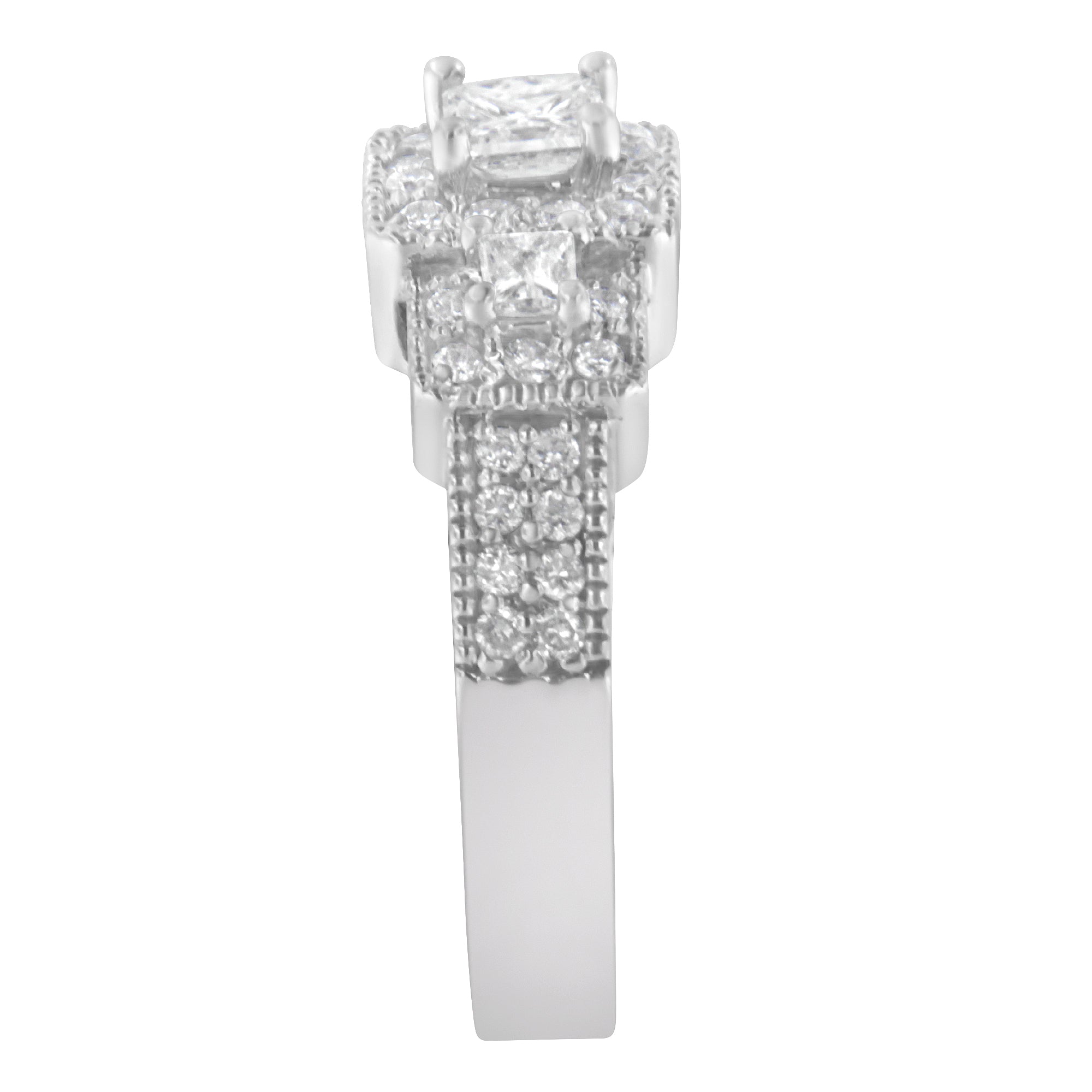 14K White Gold Round and Princess-Cut Diamond Three Stone Ring (1 Cttw, H-I Color, I1-I2 Clarity) - Size 7